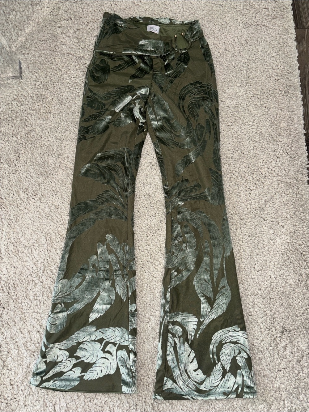 Oh Polly Olive Green Metallic Velvet-Print Flare Pants